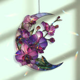 Crescent Moon Orchid Acrylic Suncatcher, Stained Glass Style Purple Floral Window Hanging, Elegant Flower Home Decor Gift